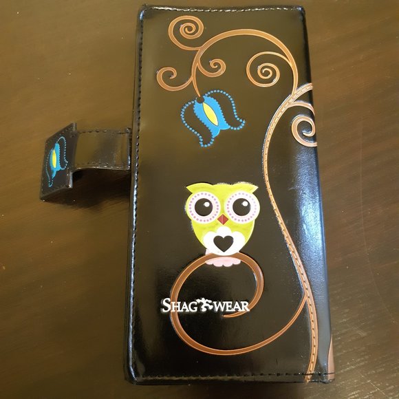 Shagwear large shiny black wallet vegan faux patent leather cute owls design - Picture 3 of 6